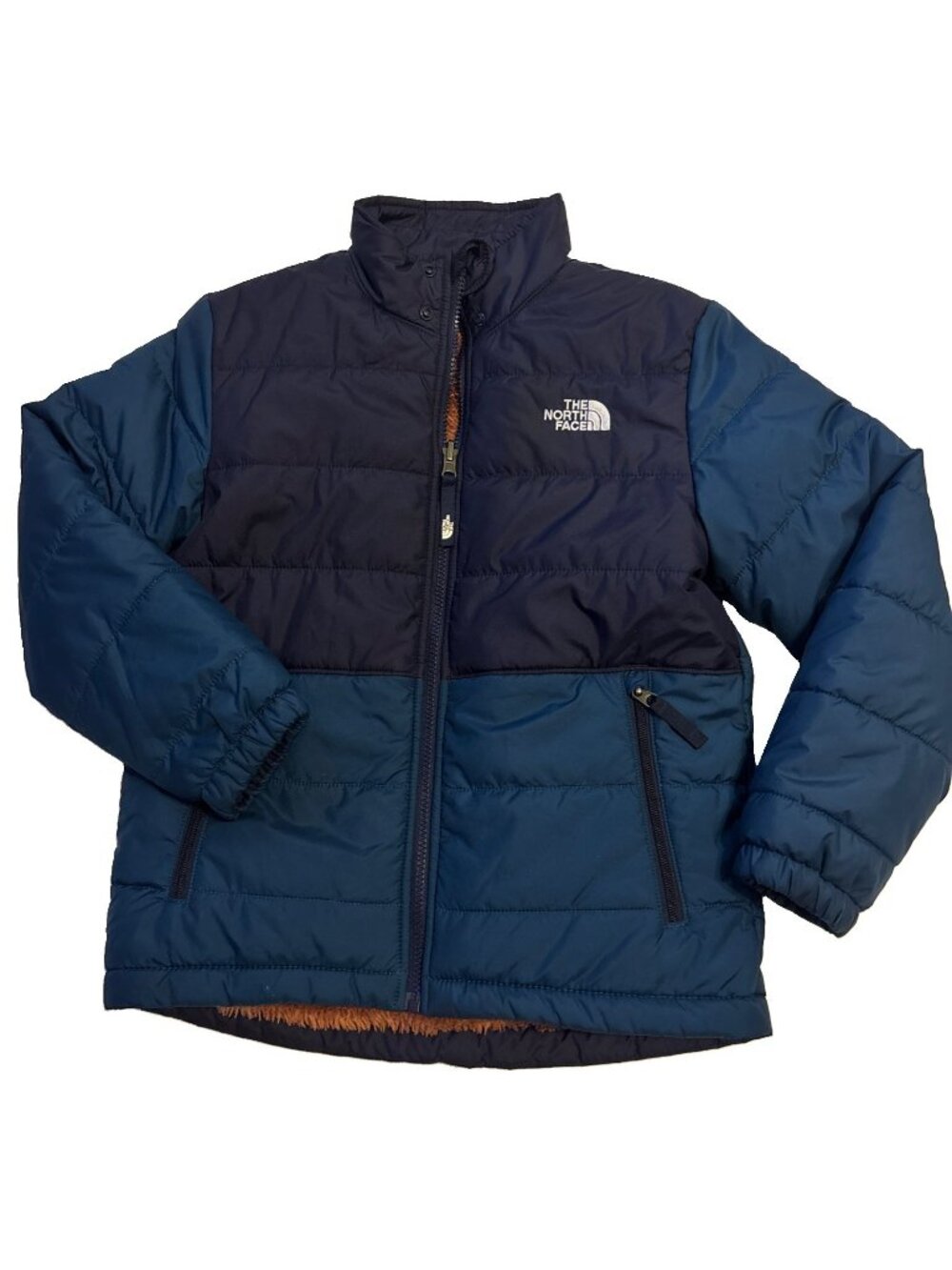 The North Face Boys Blue Fuax Fur Lined Jacket Size Medium 10-12 Reversible